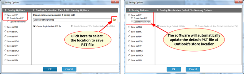 Two options to save PST files