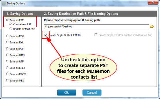 either create a single PST file of all MDaemon contacts or create separate PST files for every MDaemon contact list